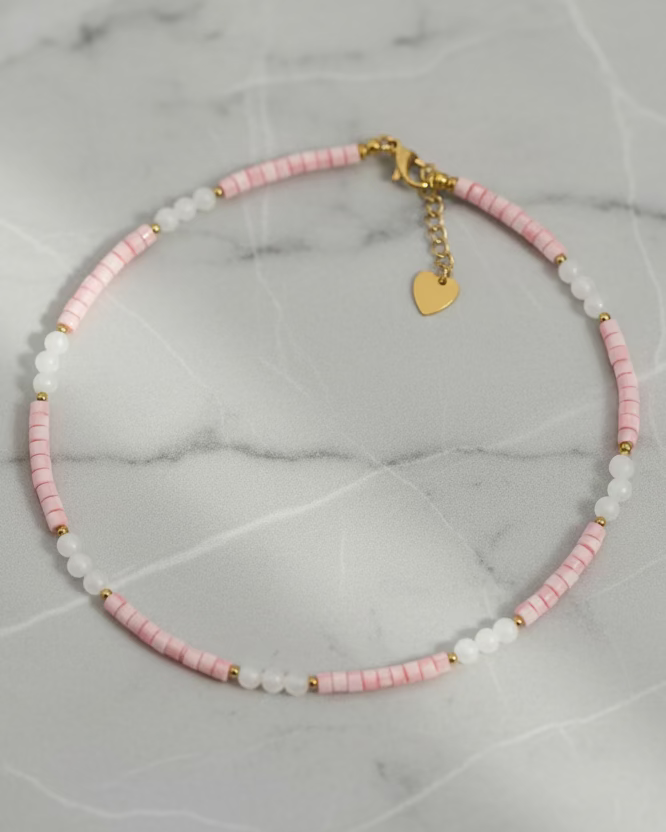 Pink Mother of Pearl & Rose Quartz Beaded Choker Necklace with Soft Pink Pearls – Handmade Gemstone Jewelry with Gold Heart Charm