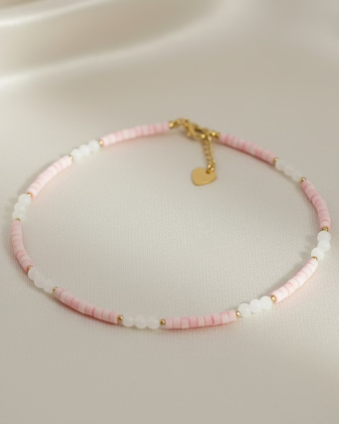 Pink Mother of Pearl & Rose Quartz Beaded Choker Necklace with Soft Pink Pearls – Handmade Gemstone Jewelry with Gold Heart Charm
