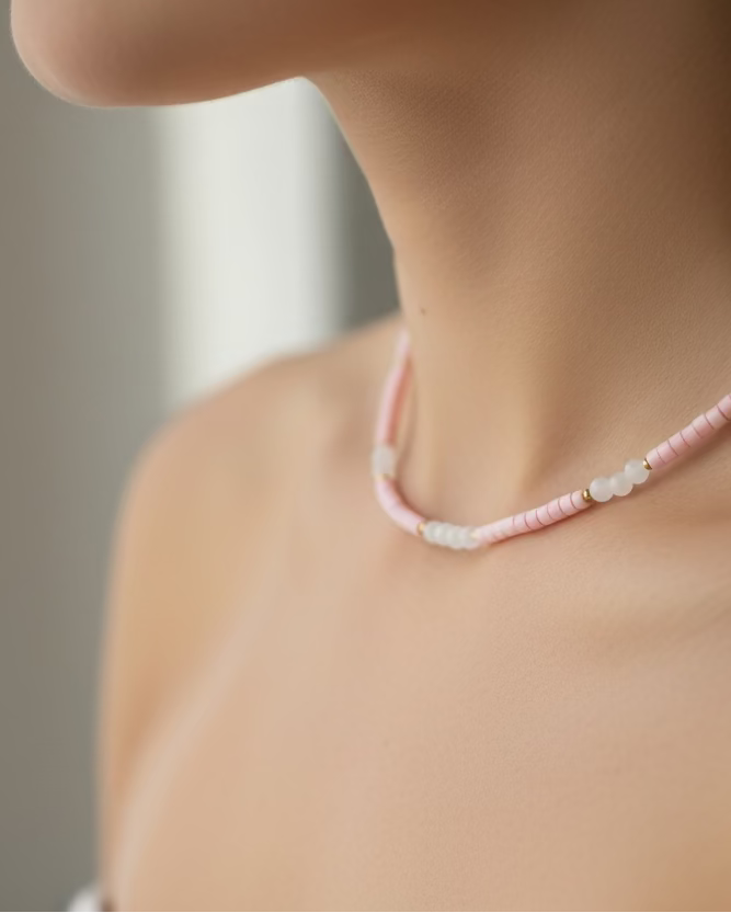 Pink Mother of Pearl & Rose Quartz Beaded Choker Necklace with Soft Pink Pearls – Handmade Gemstone Jewelry with Gold Heart Charm