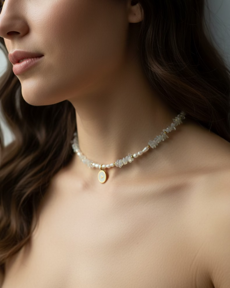 Opal and Pearl Choker with Gold Heart Pendant – Elegant Handmade Necklace