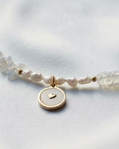 Opal and Pearl Choker with Gold Heart Pendant – Elegant Handmade Necklace