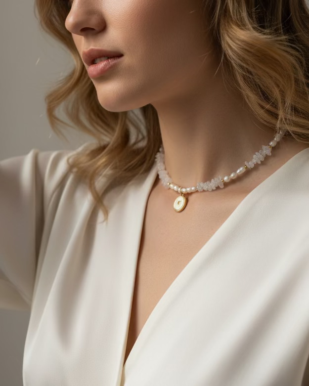 Opal and Pearl Choker with Gold Heart Pendant – Elegant Handmade Necklace