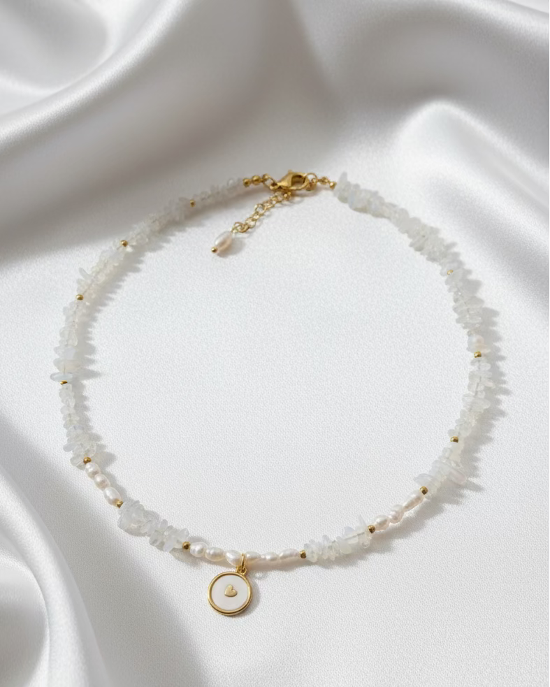 Opal and Pearl Choker with Gold Heart Pendant – Elegant Handmade Necklace