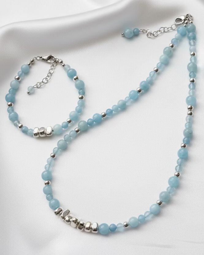Aquamarine and Silver Hematite Choker and Bracelet Set – Minimalist Gemstone Jewelry