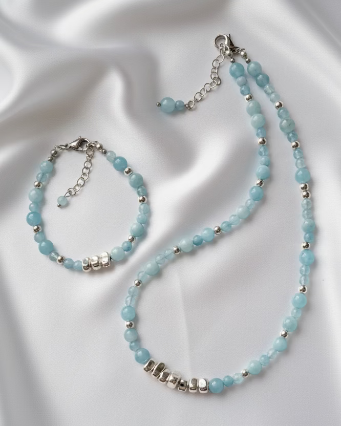 Aquamarine and Silver Hematite Choker and Bracelet Set – Minimalist Gemstone Jewelry