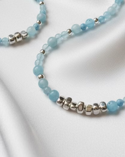 Aquamarine and Silver Hematite Choker and Bracelet Set – Minimalist Gemstone Jewelry