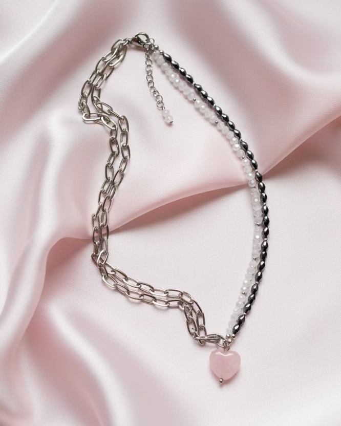 Half Chain and Hematite Choker with Rose Quartz Heart Pendant – Modern Contrast Necklace