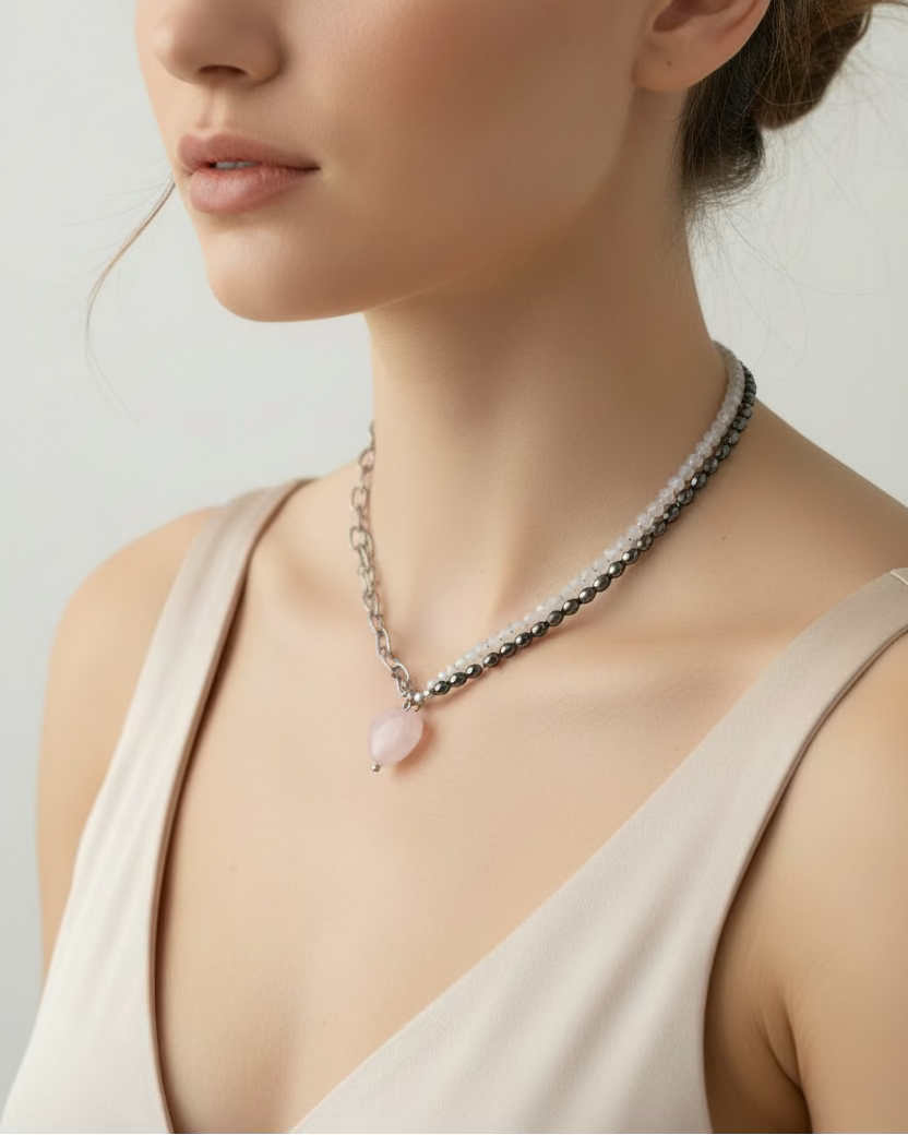 Half Chain and Hematite Choker with Rose Quartz Heart Pendant – Modern Contrast Necklace