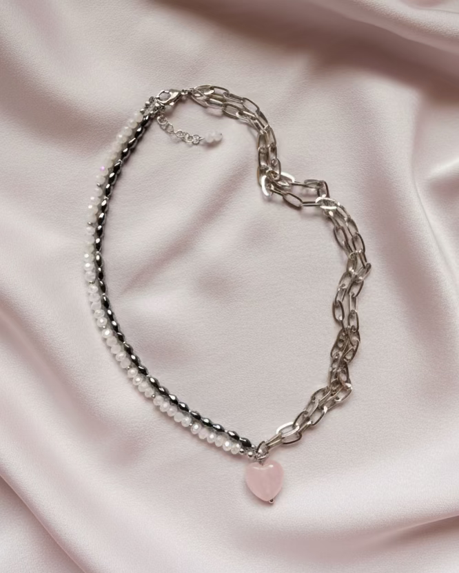 Half Chain and Hematite Choker with Rose Quartz Heart Pendant – Modern Contrast Necklace
