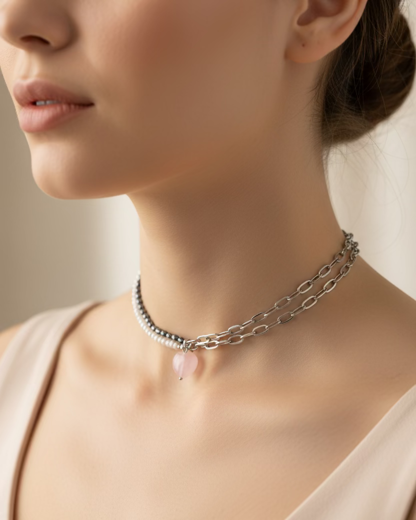 Half Chain and Hematite Choker with Rose Quartz Heart Pendant – Modern Contrast Necklace