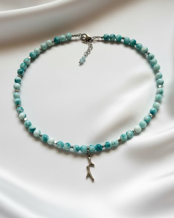 Larimar Choker with Coral Pendant – Ocean Inspired Natural Gemstone Necklace