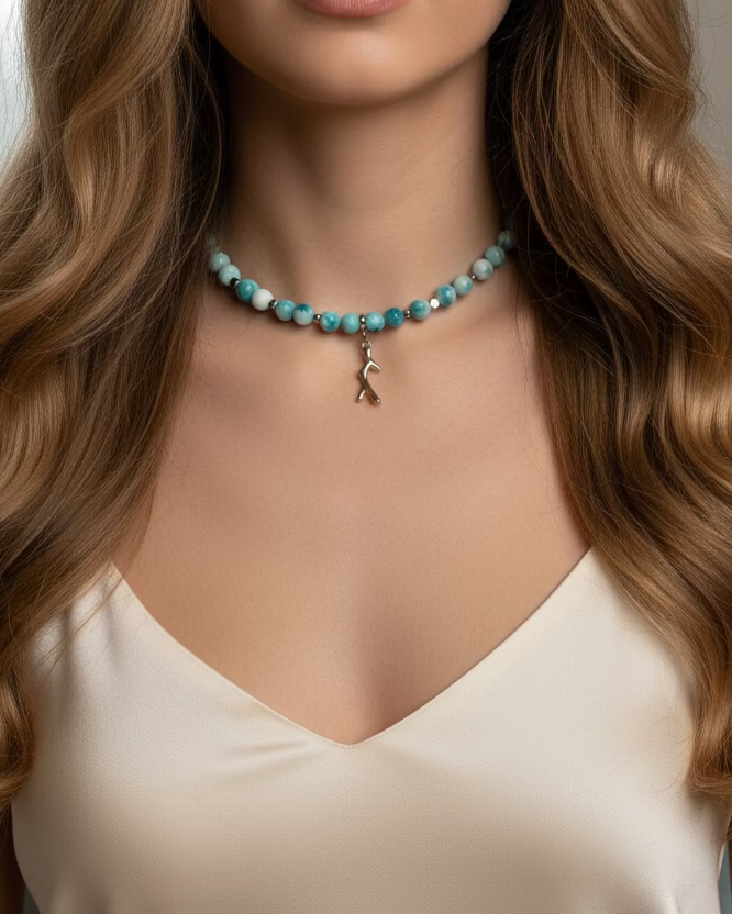 Larimar Choker with Coral Pendant – Ocean Inspired Natural Gemstone Necklace