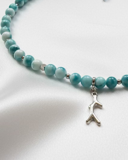 Larimar Choker with Coral Pendant – Ocean Inspired Natural Gemstone Necklace