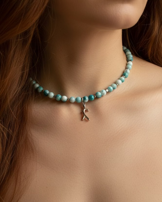 Larimar Choker with Coral Pendant – Ocean Inspired Natural Gemstone Necklace