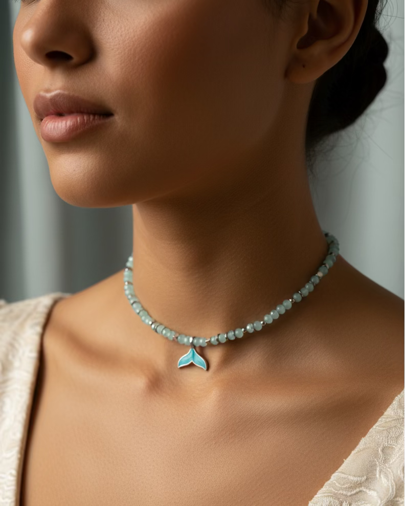 Blue Austrian Crystal Choker with Whale Tail Pendant – Ocean Inspired Handmade Necklace