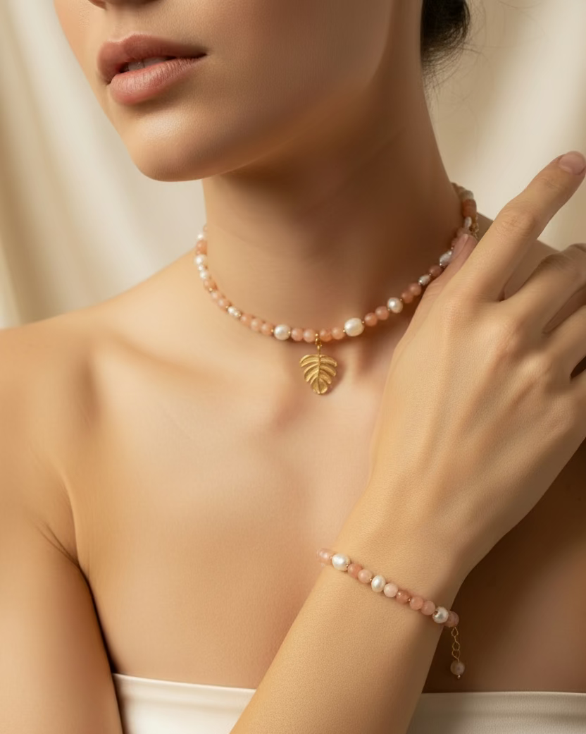 Peach Opal & Natural Pearl Choker and Bracelet Set with Leaf Pendant