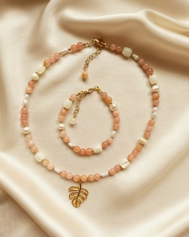 Peach Opal & Natural Pearl Choker and Bracelet Set with Leaf Pendant
