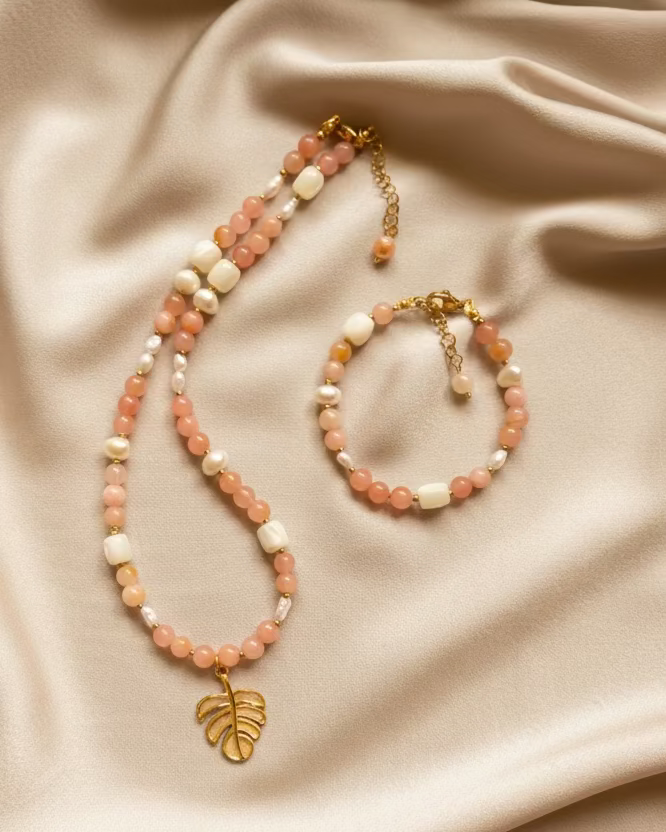 Peach Opal & Natural Pearl Choker and Bracelet Set with Leaf Pendant
