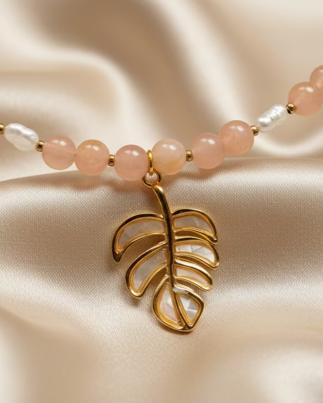Peach Opal & Natural Pearl Choker and Bracelet Set with Leaf Pendant