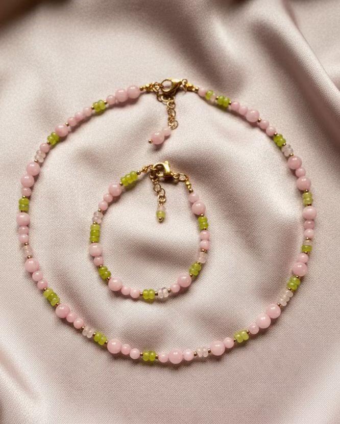 Soft Rose Quartz & Green Jade Jewelry Set – Choker & Bracele