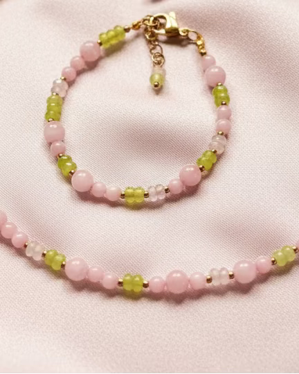 Soft Rose Quartz & Green Jade Jewelry Set – Choker & Bracele