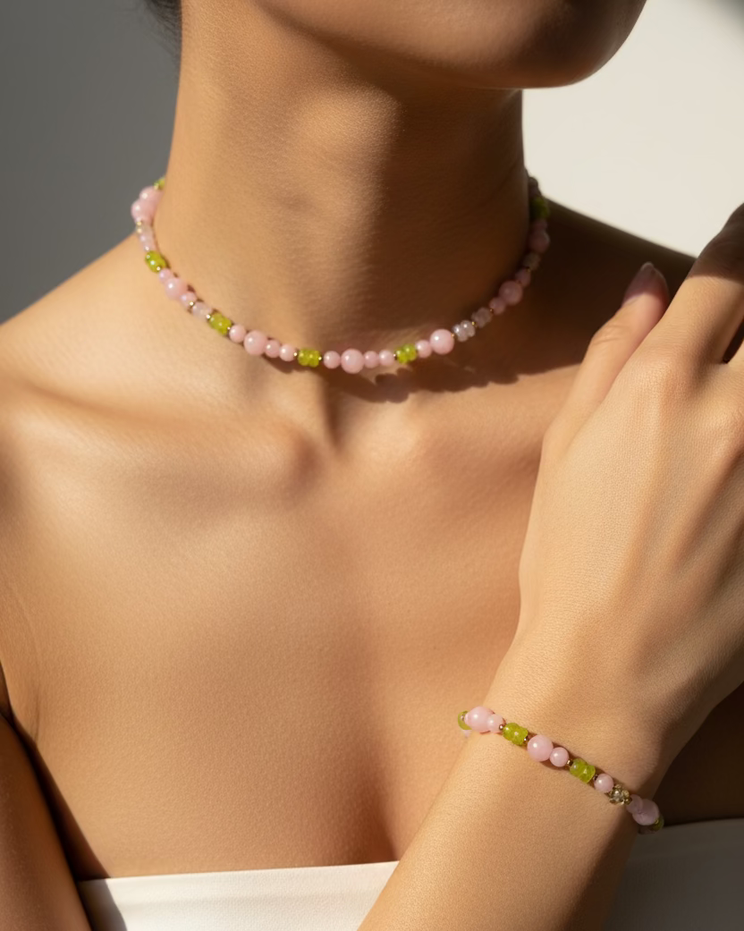 Soft Rose Quartz & Green Jade Jewelry Set – Choker & Bracele
