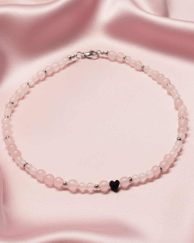 Rose Quartz Choker with Hematite Heart | Handmade Gemstone Jewelry