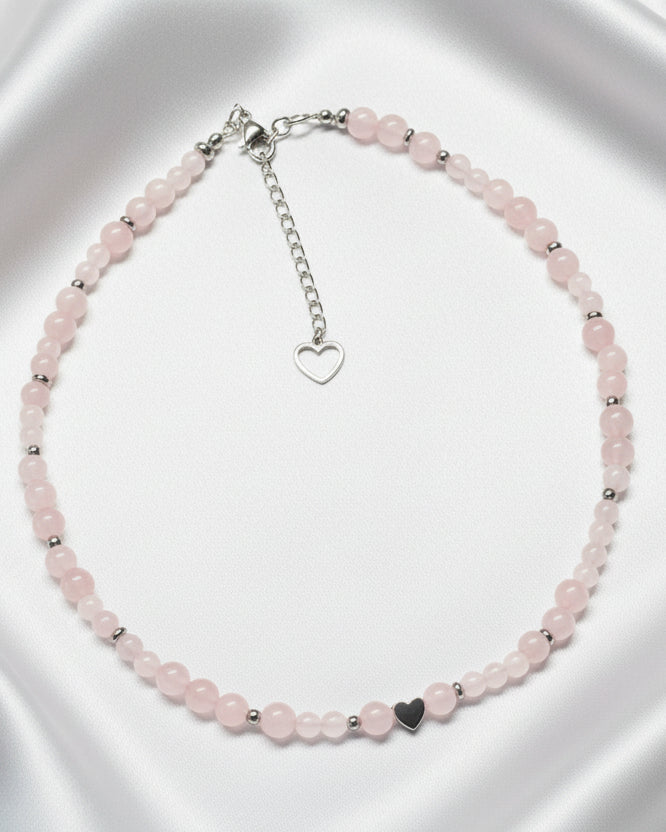 Rose Quartz Choker with Hematite Heart | Handmade Gemstone Jewelry