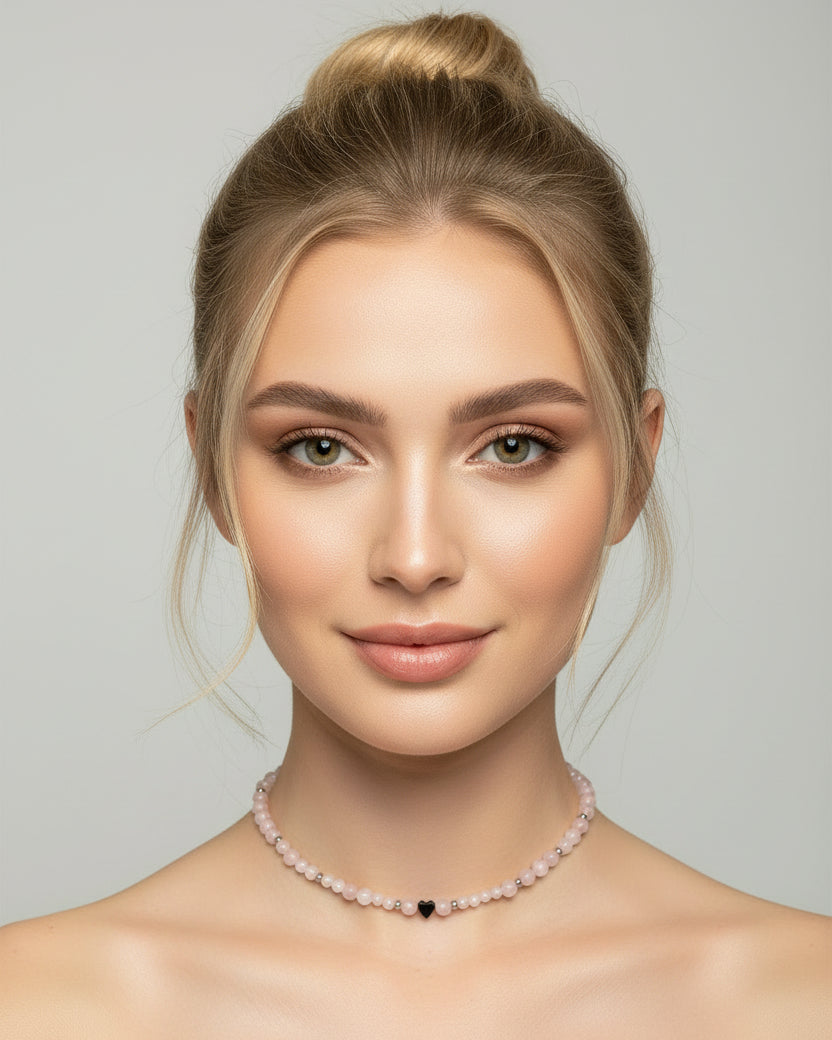 Rose Quartz Choker with Hematite Heart | Handmade Gemstone Jewelry