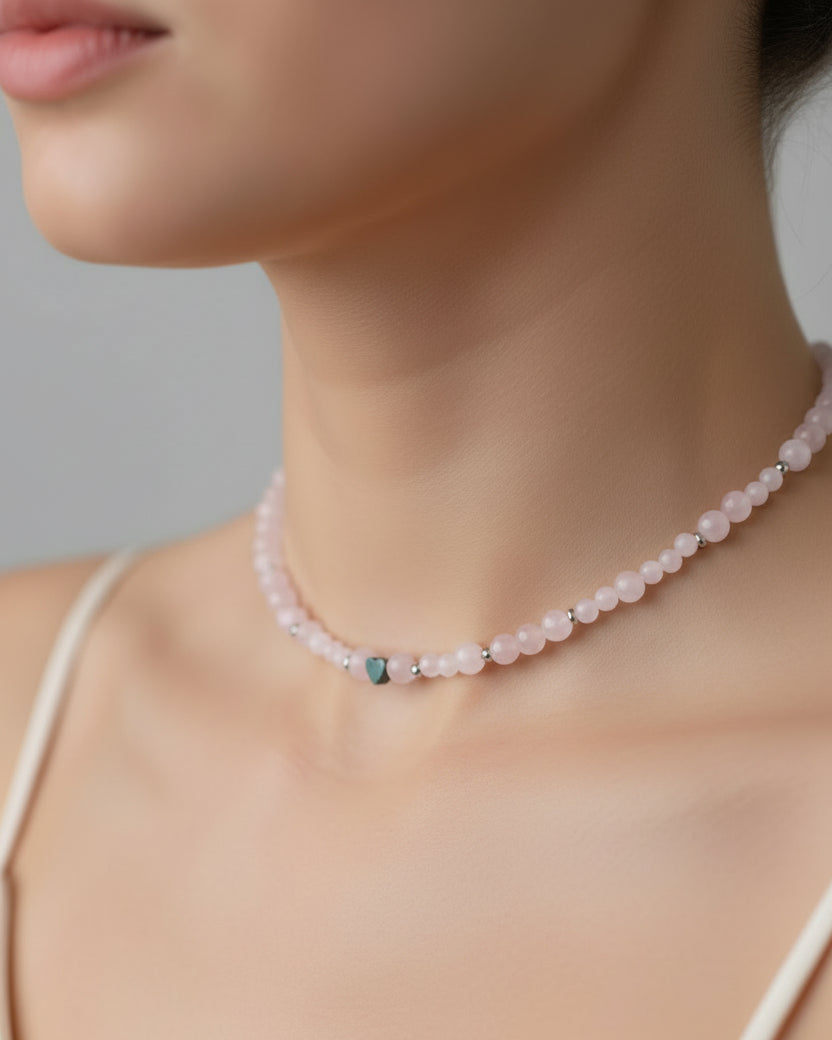 Rose Quartz Choker with Hematite Heart | Handmade Gemstone Jewelry
