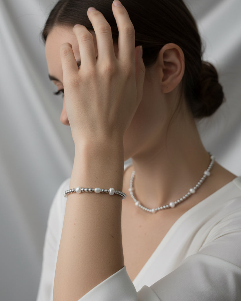 Matte Silver Hematite and Pearl Choker and Bracelet Set – Elegant Minimalist Jewelry