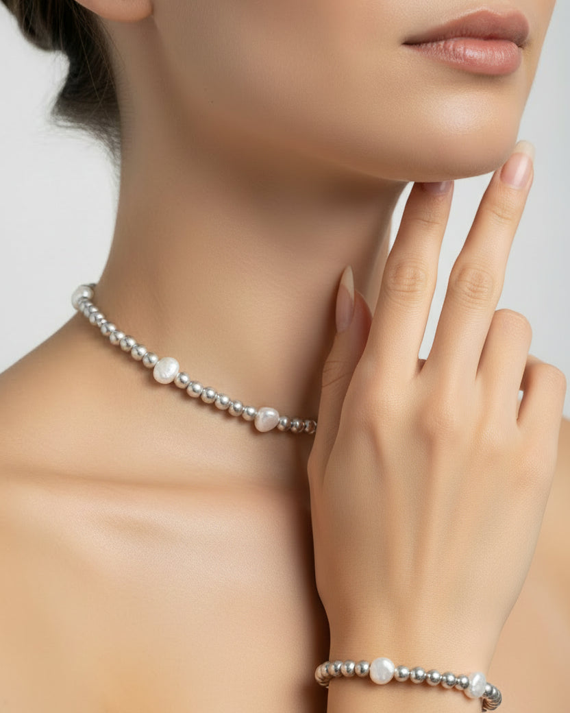 Matte Silver Hematite and Pearl Choker and Bracelet Set – Elegant Minimalist Jewelry