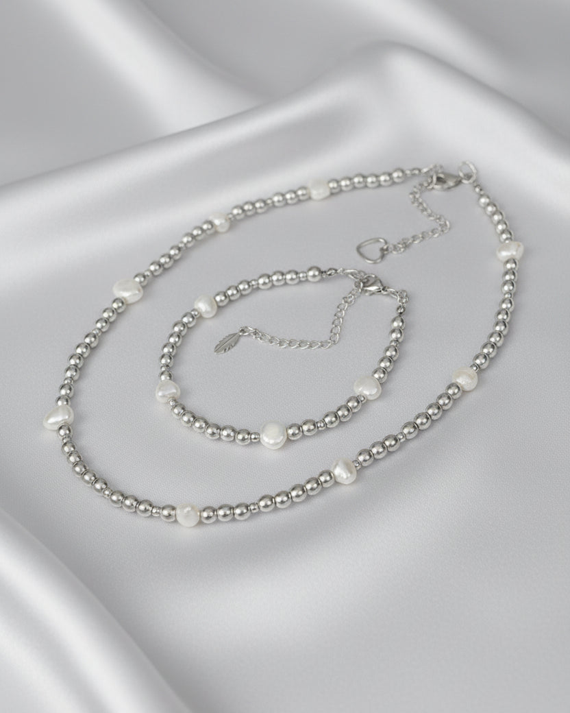 Matte Silver Hematite and Pearl Choker and Bracelet Set – Elegant Minimalist Jewelry