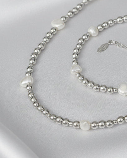 Matte Silver Hematite and Pearl Choker and Bracelet Set – Elegant Minimalist Jewelry
