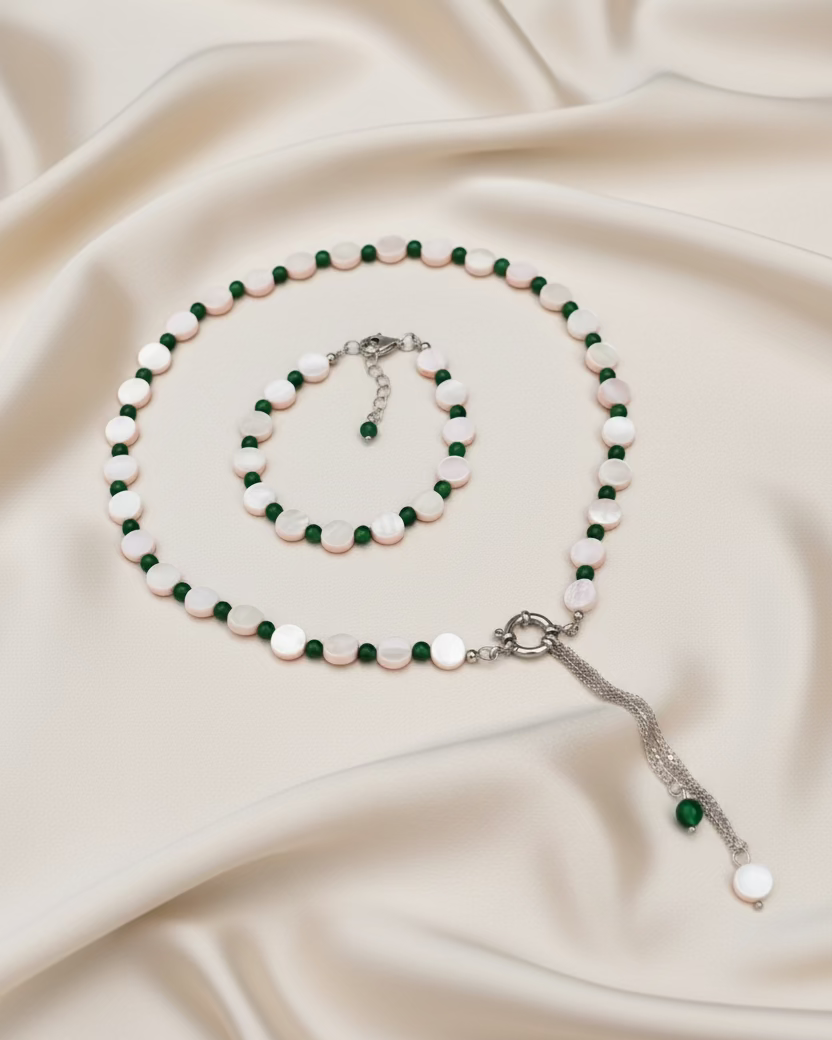 Pink Mother of Pearl & Green Chalcedony Choker and Bracelet Set