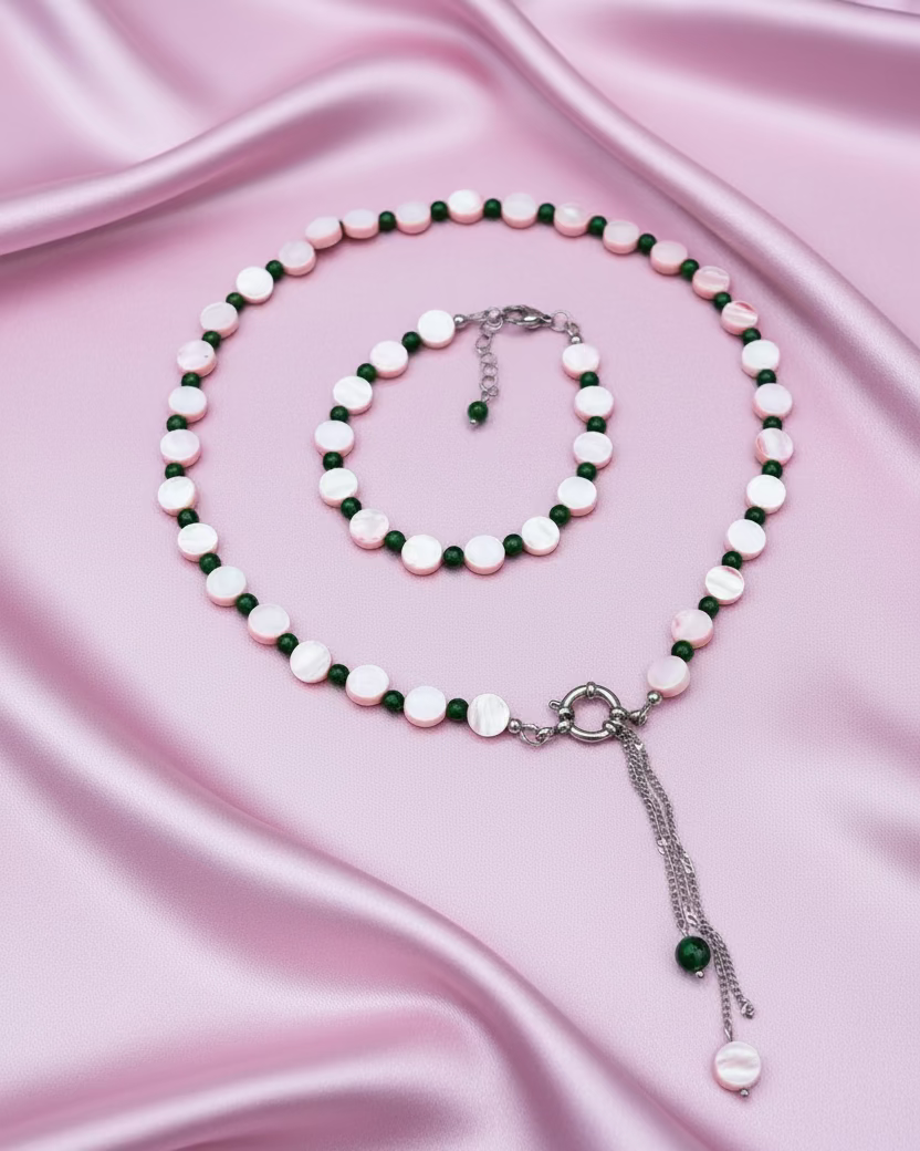 Pink Mother of Pearl & Green Chalcedony Choker and Bracelet Set