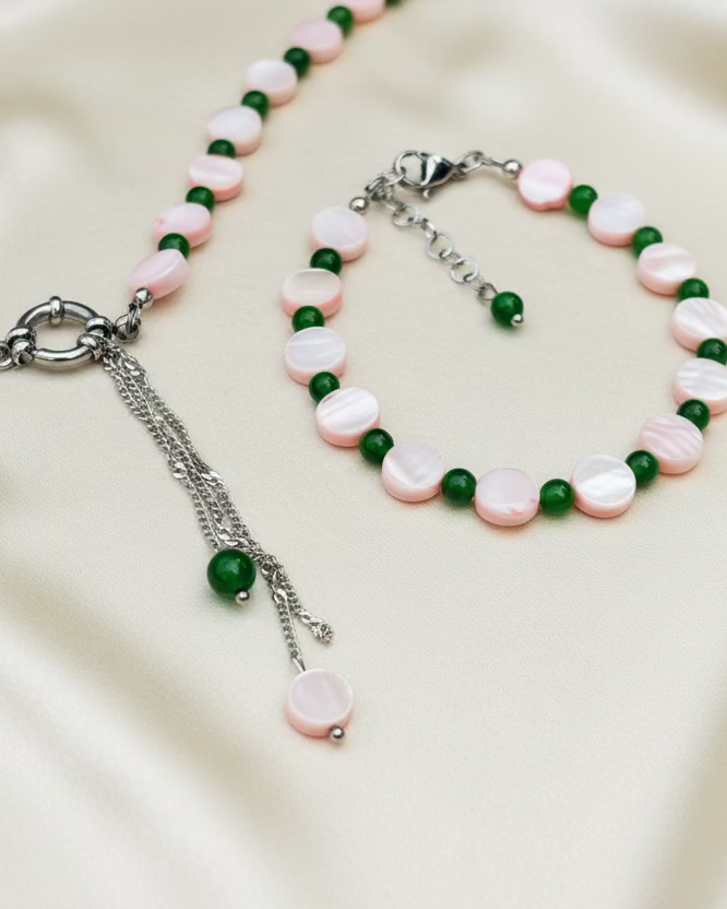 Pink Mother of Pearl & Green Chalcedony Choker and Bracelet Set