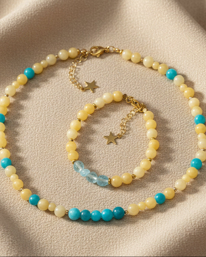 Blue Tourmaline, Yellow Jade & Aquamarine Choker & Bracelet Set | Handmade Gemstone Jewelry