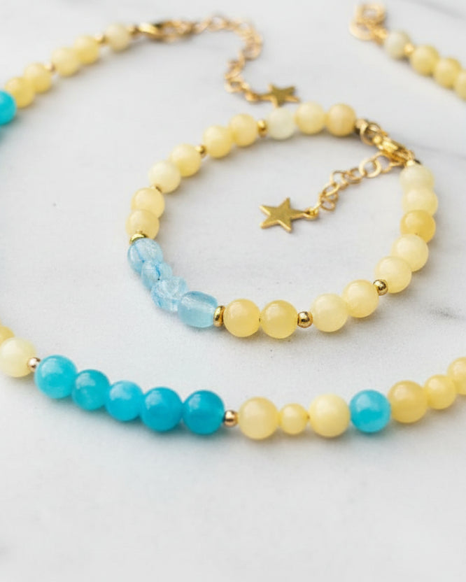 Blue Tourmaline, Yellow Jade & Aquamarine Choker & Bracelet Set | Handmade Gemstone Jewelry