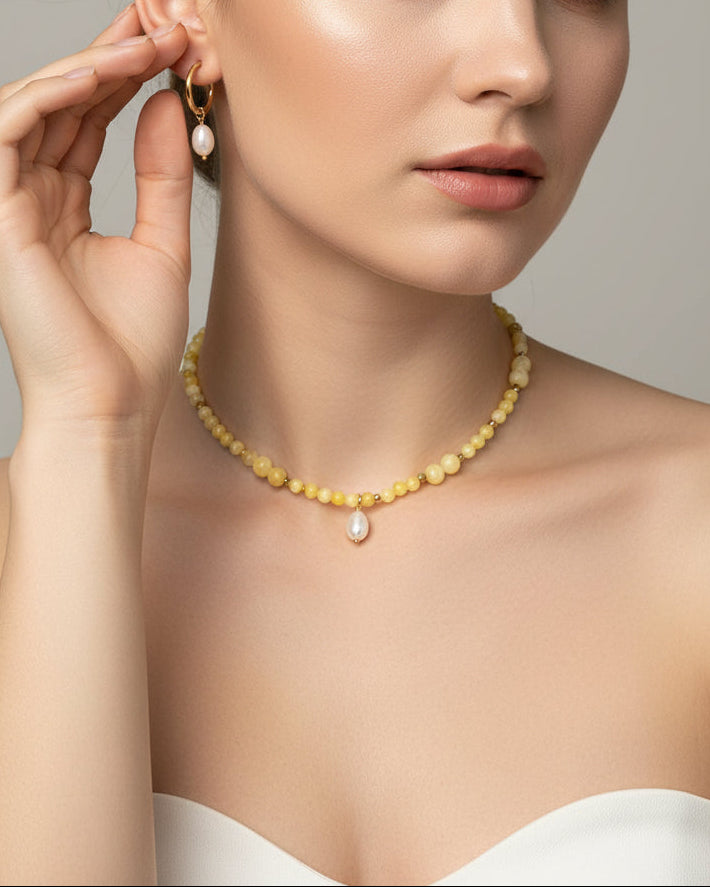 Yellow Jade Choker with Natural Pearl & Gold Pearl Earrings Set | Handmade Jewelry