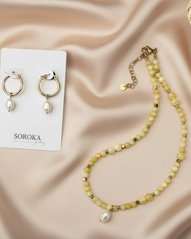 Yellow Jade Choker with Natural Pearl & Gold Pearl Earrings Set | Handmade Jewelry