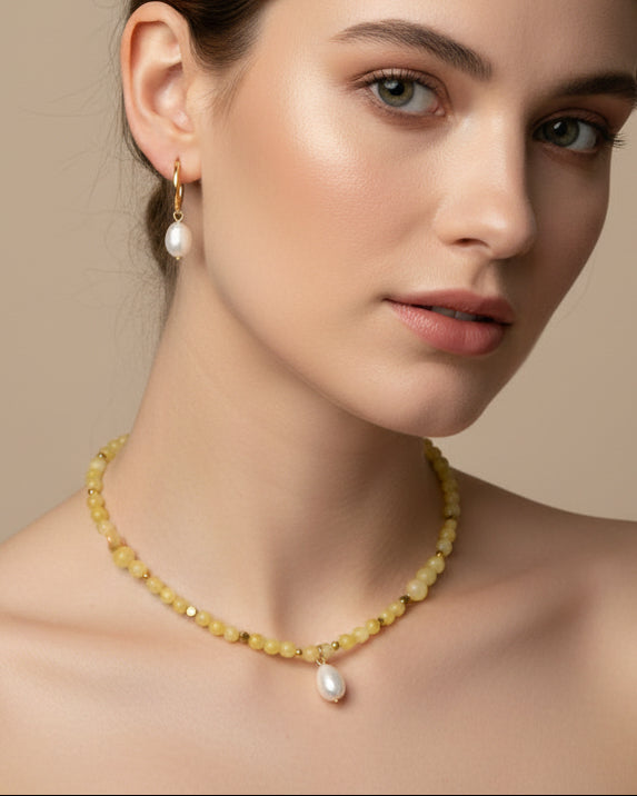 Yellow Jade Choker with Natural Pearl & Gold Pearl Earrings Set | Handmade Jewelry
