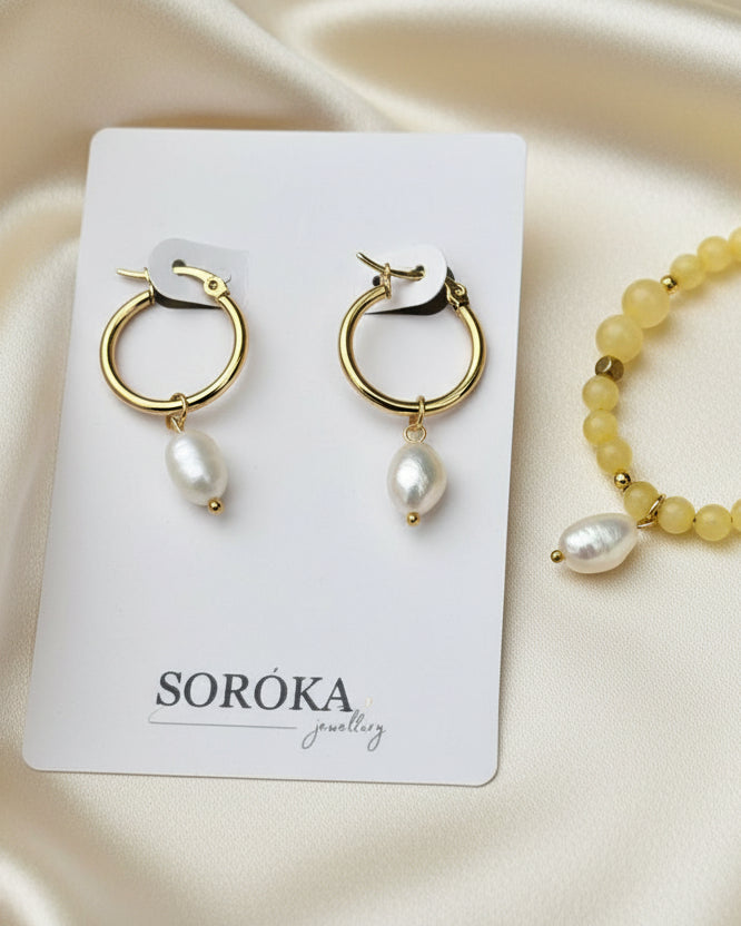 Yellow Jade Choker with Natural Pearl & Gold Pearl Earrings Set | Handmade Jewelry