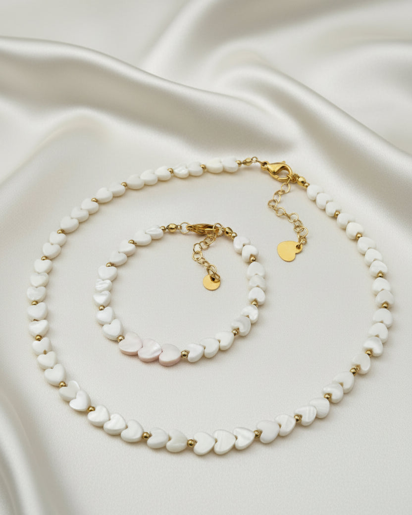 Mother of Pearl Heart Choker & Bracelet Set | Handmade Jewelry
