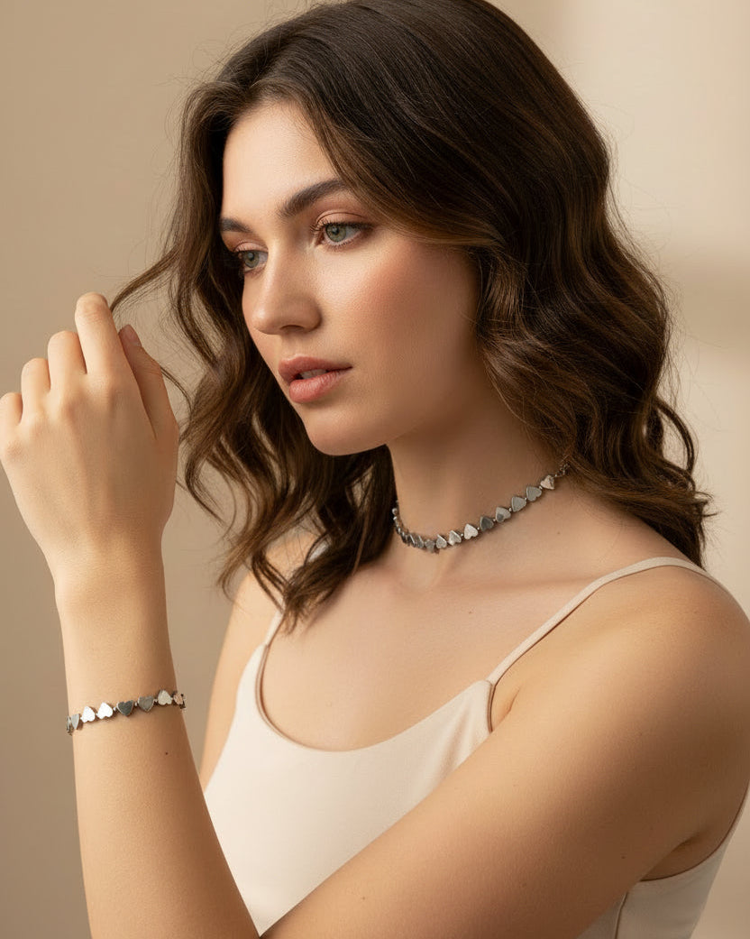 Black Hematite Heart Choker & Bracelet Set | Handmade Minimalist Jewelry