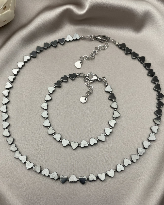 Black Hematite Heart Choker & Bracelet Set | Handmade Minimalist Jewelry
