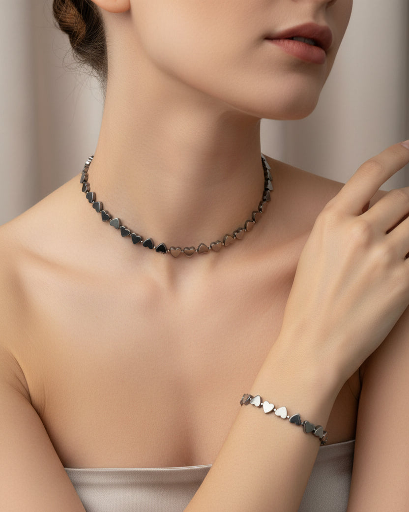 Black Hematite Heart Choker & Bracelet Set | Handmade Minimalist Jewelry