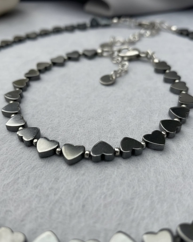 Black Hematite Heart Choker & Bracelet Set | Handmade Minimalist Jewelry