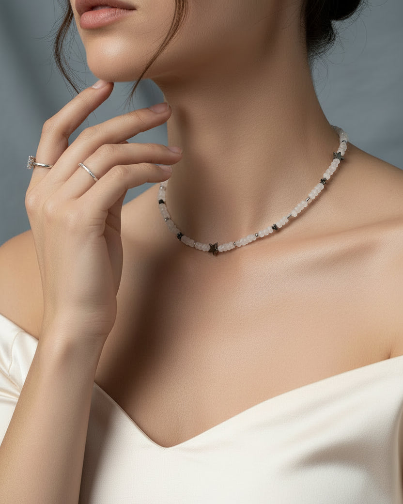 Clear Chalcedony Choker with Hematite Beads | Handmade Gemstone Jewelry