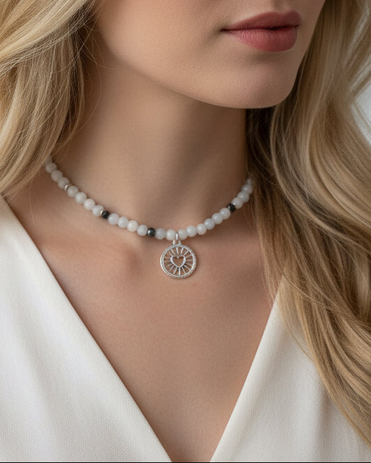 Aquamarine and Hematite Choker with Round Heart Pendant – Natural Gemstone Necklace